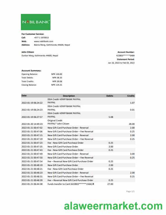 Nepal Nabil bank statement Excel and PDF template
